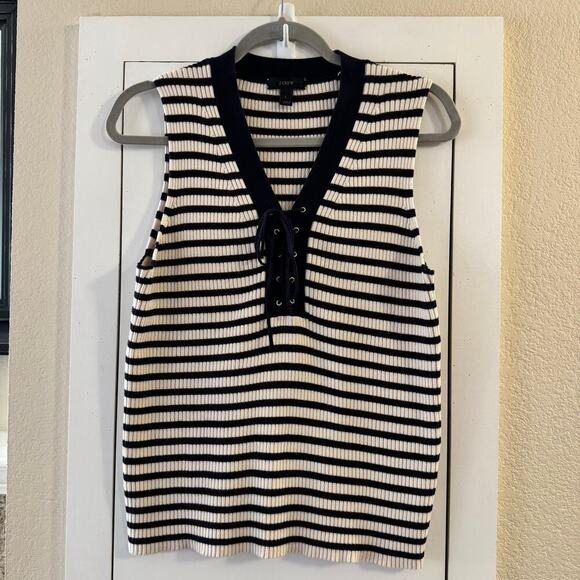 J.Crew Ribbed Striped lace-up sweater tank blue white Sz Large nautical Preppy - Picture 3 of 7